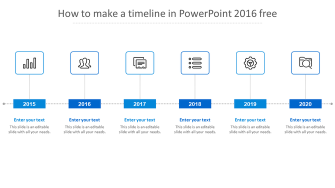 Five step timeline from 2017 to 2021 with red circular arrows, icons inside each step, and placeholder text below. 