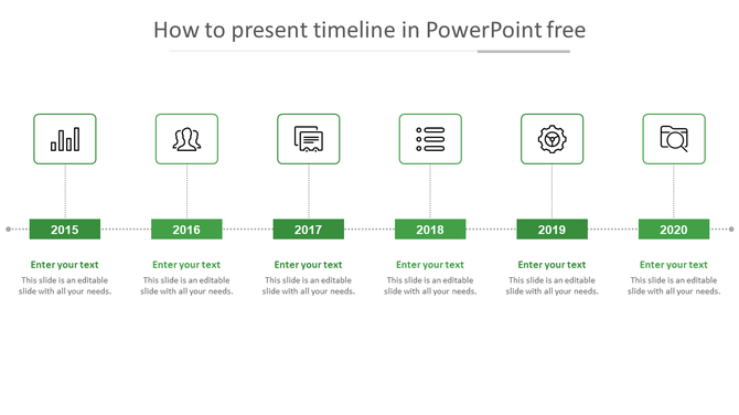Horizontal timeline with six green rectangular markers for each year, connected by dotted lines.