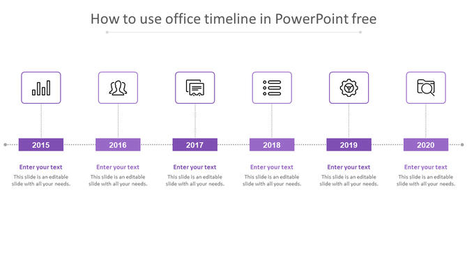 Purple horizontal timeline from 2015 to 2020 with square icons above each year and editable text below.