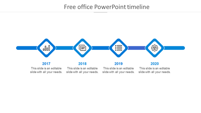 Minimalist blue timeline from 2017 to 2020, with diamond-shaped milestones containing icons, connected by a horizontal line.