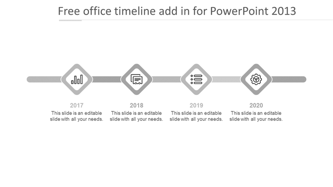 Office timeline PowerPoint template showing four years with icons for 2017 to 2020.