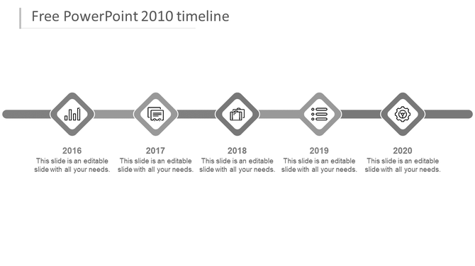 Horizontal timeline with five grey diamond shaped icons linked by a line, each representing years from 2016 to 2020.
