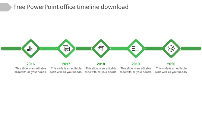 Horizontal green timeline with five diamond shaped icons, each connected to a year marker from 2016 to 2020.