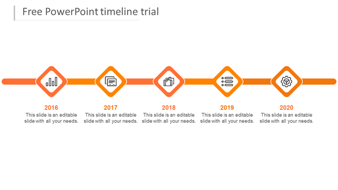 Linear timeline from 2016 to 2020 in orange with diamond-shaped icons under each year, including  captions areas.