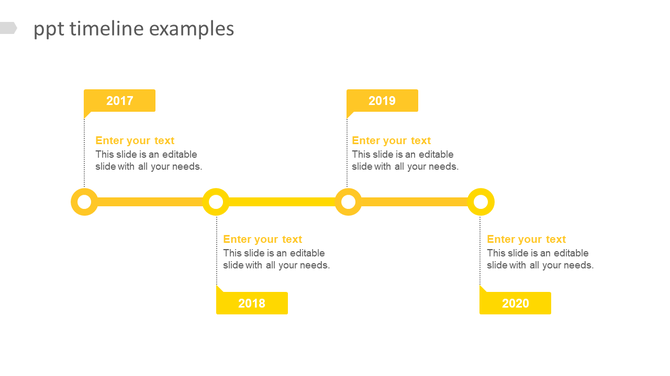 PowerPoint slide showcasing a yellow timeline with milestones for 2017 to 2020, with placeholders for text.