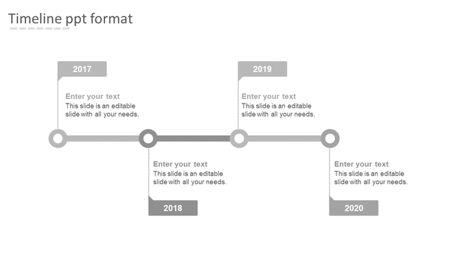 Gray horizontal timeline from 2017 to 2020 with circular markers and text placeholders beneath each year. 
