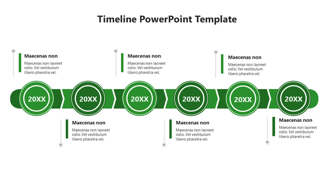 Green timeline with circular milestones labeled 20XX, connected by arrows, with placeholder text areas positioned around. 