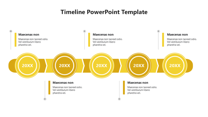 Timeline template with five yellow circles, each representing a year, with text sections on the sides.
