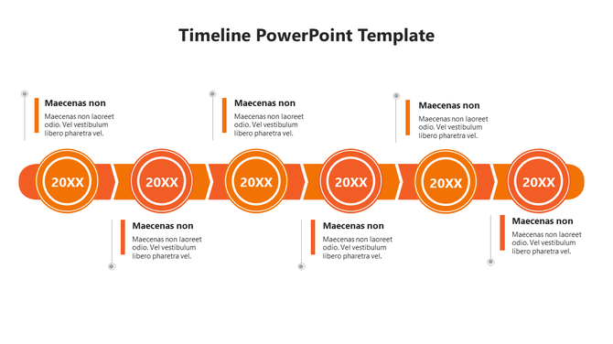 Timeline with six orange circles in a row, labeled with 20XX, and corresponding text blocks for each event.