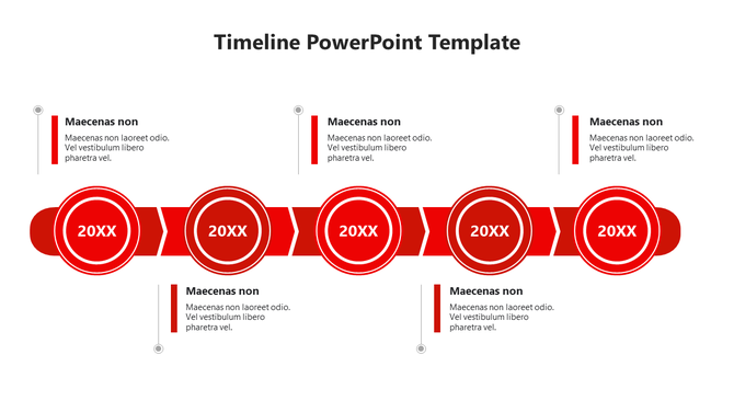 Red and white PowerPoint timeline template with circular milestones and text placeholders.
