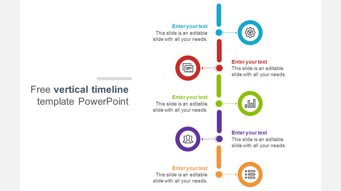Vertical timeline slide with icons and text placeholders aligned to the right, offering a clear and organized design.
