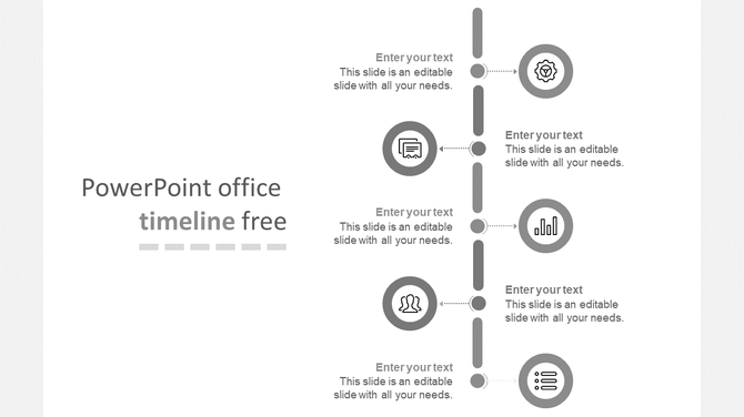 Vertical grayscale timeline with five circular icons connected by a dotted line, each linked to text boxes with arrows. 