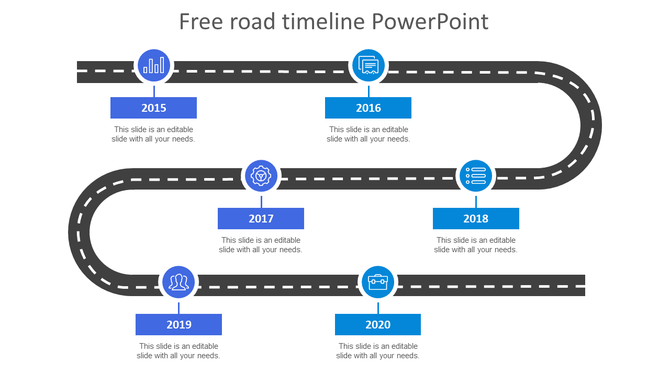 Road timeline slide displaying blue colored milestones from 2015 to 2020 with text sections and icons.