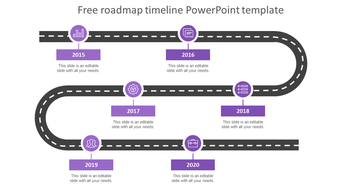 Curved road timeline in black with six purple markers, each displaying a year from 2015 to 2020, on a white background.