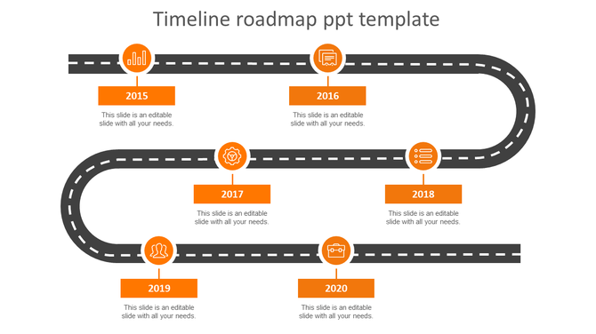 Curved road timeline slide from 2015 to 2020 with orange icons and text boxes marking milestones on the path.
