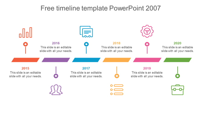 Colorful timeline template for PowerPoint 2007 with icons for each year from 2015 to 2020 with captions.