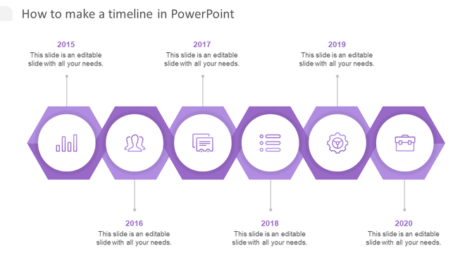 Hexagonal timeline from 2015 to 2020 with alternating purple icons, white circles, and descriptive text above or below. 