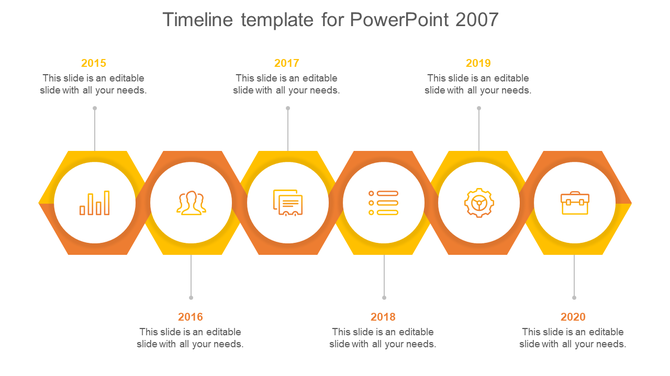 Timeline PPT slide with colorful hexagon icons for each year from 2015 to 2020 with placeholder text on a white backdrop.