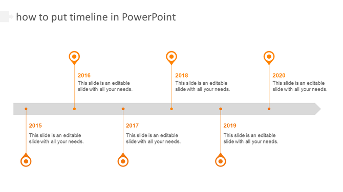 Orange themed timeline slide with milestones marked for the years 2015 through 2020, with placeholder text.