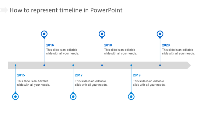 Horizontal timeline with blue markers showing years from 2015 to 2020, each connected to a gray arrow.