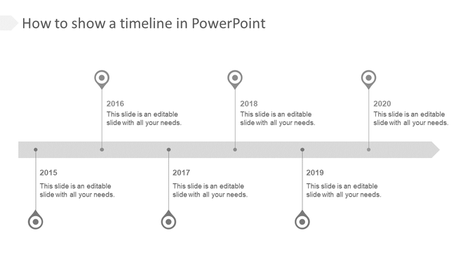 Minimalist gray timeline with year markers from 2015 to 2020, featuring circles and text on both sides.