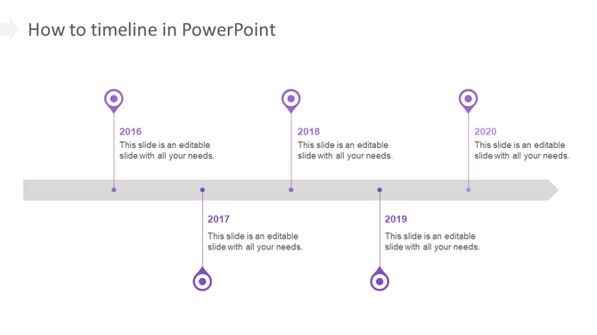 Slide featuring a timeline from 2016 to 2020, with purple pins marking each year and placeholders text areas.