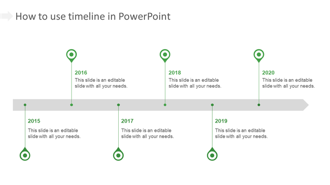 Gray timeline with six green pointers marking the years 2015 to 2020, arranged alternately above and below the line.