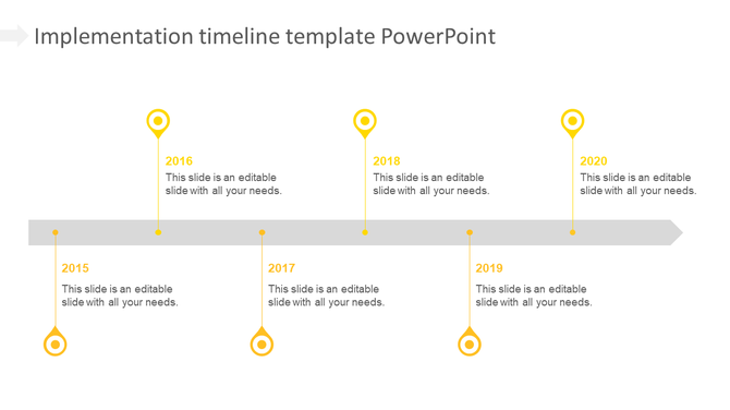 Timeline PowerPoint template with years 2015 to 2020, each year marked by a yellow circle and a placeholder text.
