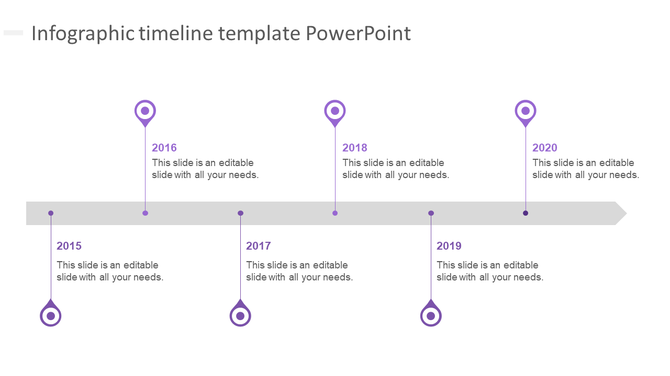 Minimalist timeline with pin markers for year 2015-2020, alternating above and below a gray horizontal bar with placeholders.