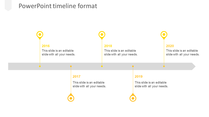 Timeline PowerPoint slide with years from 2016 to 2020, each marked with a yellow dot and connected by a horizontal line.