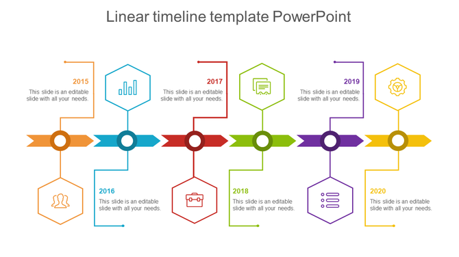 Linear timeline with six connected points for years 2015 to 2020 with hexagonal icons and lines, using bright colors.