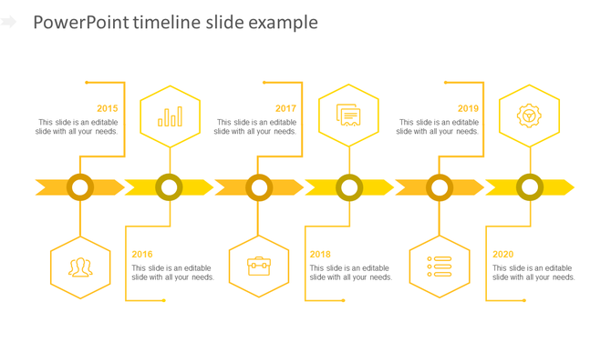 Yellow timeline with hexagonal icons for each year, from 2015 to 2020, connected by arrows and captions.
