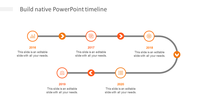 Curved timeline with orange icons and labels for years 2016 to 2020, designed for tracking yearly milestones.