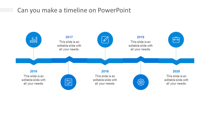 Horizontal timeline with five blue milestone icons for years 2016 to 2020, linked by a blue line, with text areas below. 