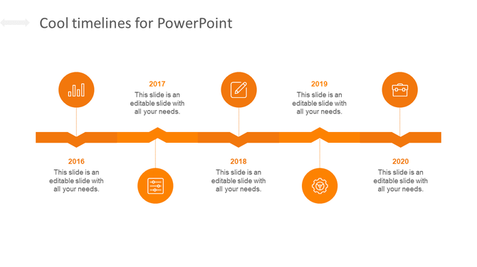 Slide showcasing a timeline from 2016 to 2020 with orange colored icons and text areas for each year.