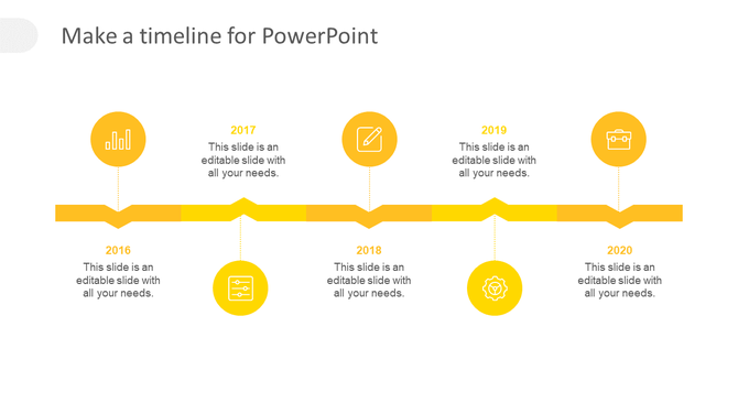 Yellow zigzag timeline with five circular milestone icons from 2016 to 2020, connected by a segmented yellow path. 