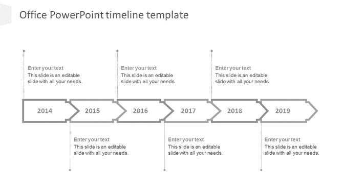 Gray colored timeline with six year markers in rectangular boxes linked by arrows and space for text above and below.