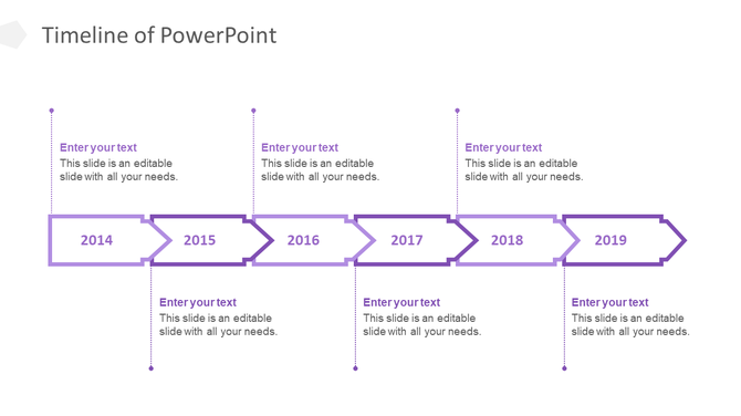 Purple timeline with six outlined arrow segments labeled 2014-2019, each linked to text placeholders by dotted lines. 