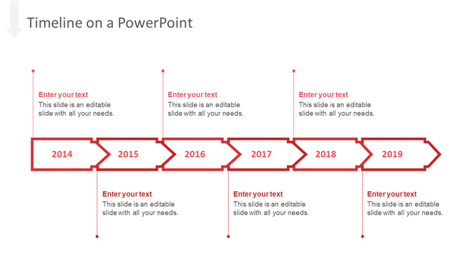 Horizontal red timeline with six year markers in rectangular boxes connected by arrows, with text beneath each.