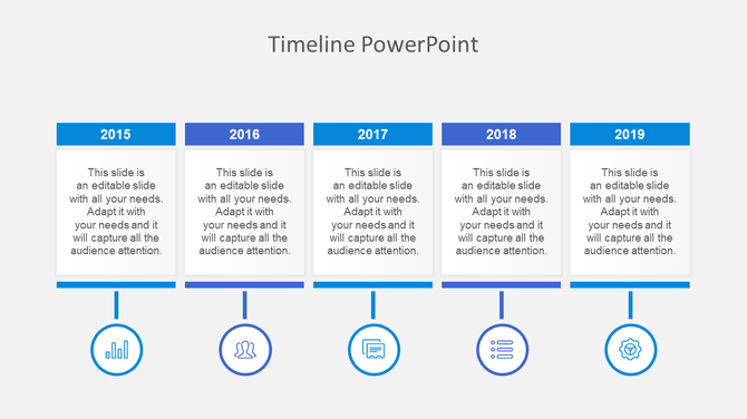 Timeline PowerPoint slide displaying yearly milestones from 2015 to 2019, with placeholders for each year.