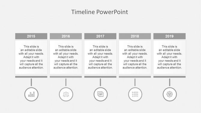 Minimalist gray timeline with five boxes labeled 2015-2019, each linked to circular icons below by thin vertical lines.
