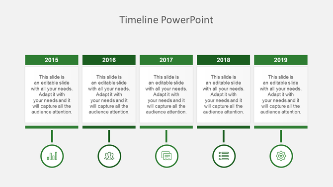 Green themed horizontal timeline with five year markers in rectangular blocks, circular icons, and captions beneath.