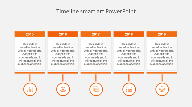 Timeline with five orange boxes for year from 2015 to 2019, featuring icons below on a gray background.