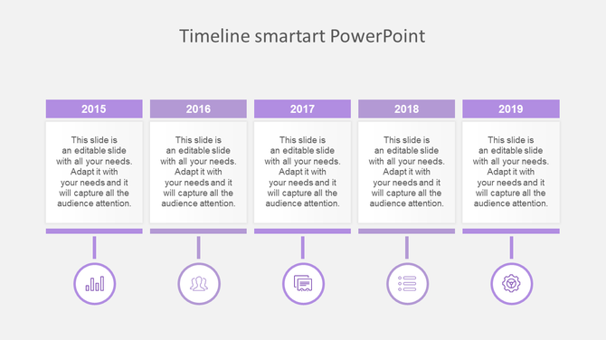 Horizontal timeline from 2015 to 2019, with purple headers and icons below each year representing milestones.
