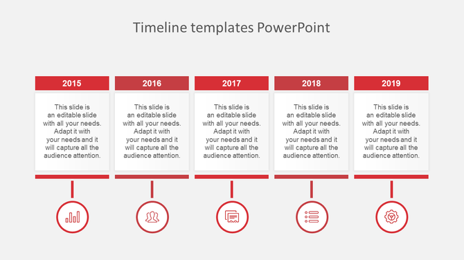 Timeline PowerPoint slide featuring milestones from 2015 to 2019 with icons and placeholders for text.