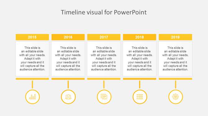  Horizontal timeline featuring five sections from 2015 to 2019, with caption areas and unique yellow icons for each year.