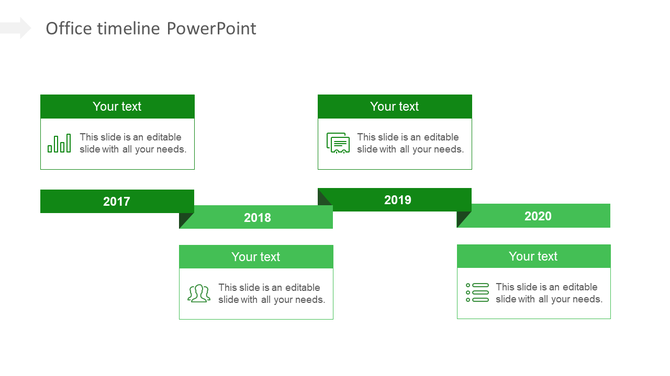 Timeline with green year markers from 2017 to 2020, each paired with a text box, featuring icon and caption.