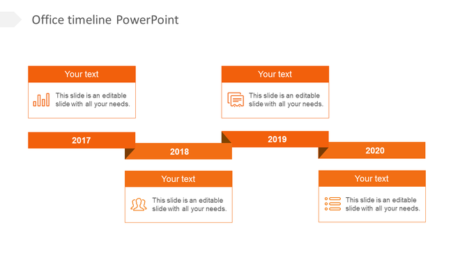 Office timeline PowerPoint slide showing years from 2017 to 2020, each marked with an orange section and icons for each year.