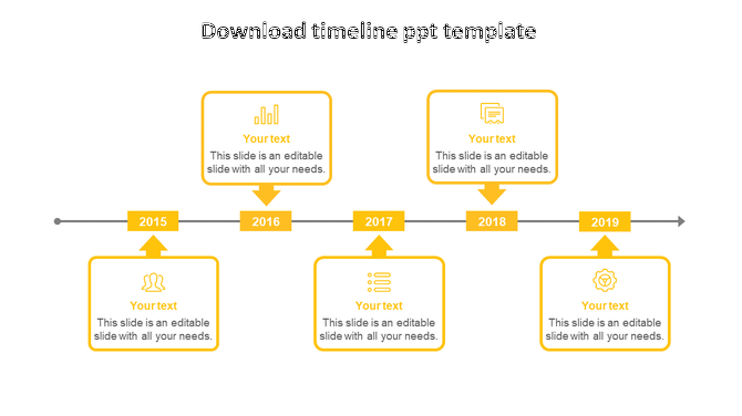 Horizontal timeline from 2015 to 2019 with milestone boxes above and below, each containing icons and placeholder text. 