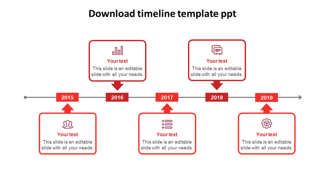 Red timeline with five rectangular year markers from 2015 to 2019, connected by arrows, with text fields.